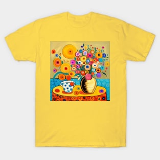 Cute Abstract Flowers in a Gold Vase Still Life Painting T-Shirt